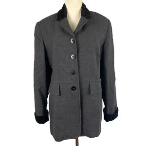Olsen Collection Herringbone‎ Blazer Jacket Wool Blend Velvet Trim Women 10 Gray